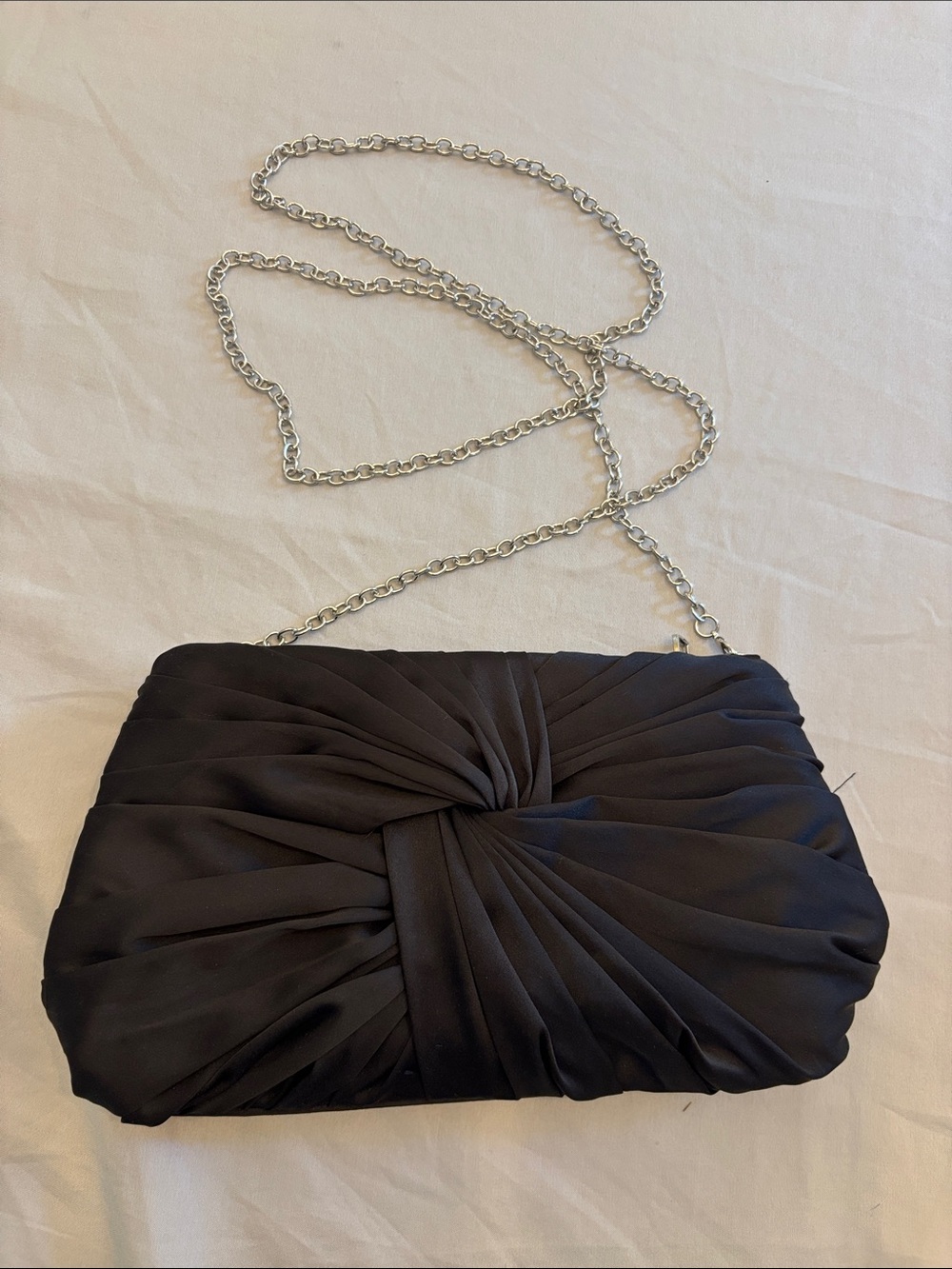 Jessica McClintock Black Satin Knot-Front Evening Clutch with Silver Chain